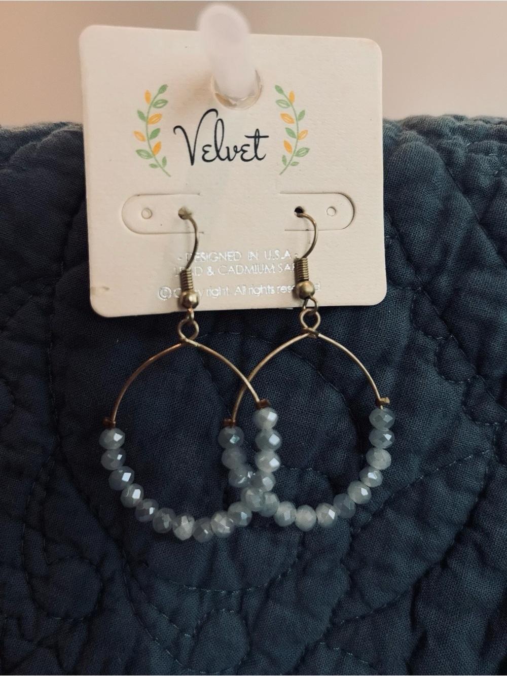Velvet Blue Beaded Hoop Earrings Gold Tone Boho Dangle New
